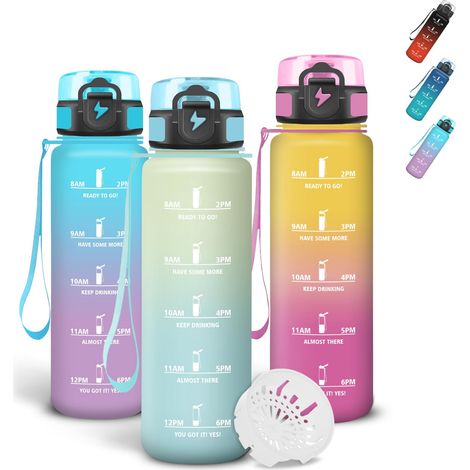 Gourde 500ml, Gourde Enfant, Bouteille avec Filtre, Avec Marqueur de Temps, Verrou de Sécurité, Anti Fuite Gourdes Graduée pour 1 Journee pour Sport, Bureau, Yoga (1/5)