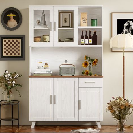 Buffet haut 114x40x190 cm blanc et brun en panneaux de particules avec portes vitrées et grand rangement (1/5)
