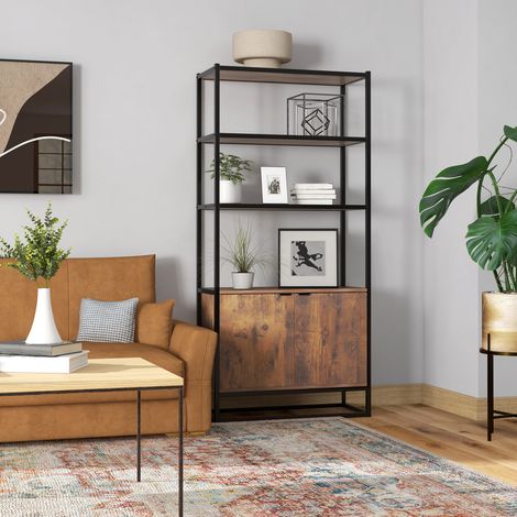 Bibliothèque de style vintage avec 3 étagères, 1 caisson en bois et une structure en métal noir 76 x 33 x 162,5 cm (1/5)