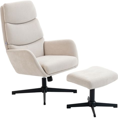 Fauteuil lounge beige avec repose-pieds, dossier haut et base métallique pour salon ou chambre (1/5)