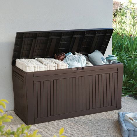 Dmora - Aufbewahrungstruhe für draußen Gatineau, Gartenbox, Outdoor-Truhe, Stauraumbank für außen, 117x45 h57 cm, Braun (1/4)