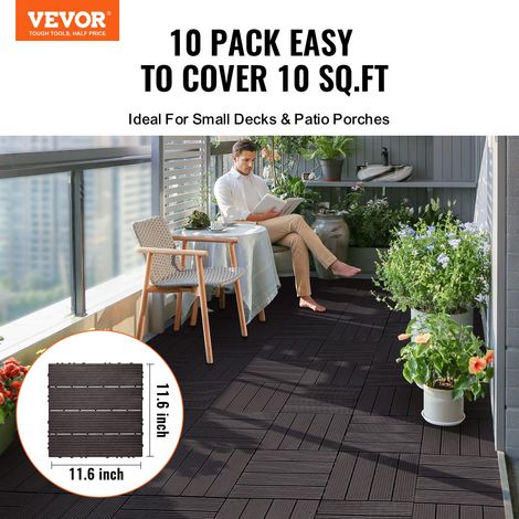 Dalles de Terrasse Emboîtables, Lot de 10, Revêtement de Sol Plastique Imperméable, 300x300 mm, 9290 c㎡, Utilisation par Tous les Temps, pour Porche, Piscine, Balcon, Arrière-cour, Marron Foncé (1/5)