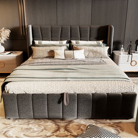 Lit coffre 180x200 avec rangement tissu gris HAVRYA (1/5)