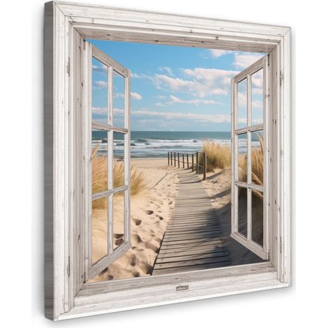 TABLEAU SUR TOILE Fenêtre - Mer - Côte - Nature - vue - Plage - Mer des Wadden Tableau Chambre Adulte 90x90 cm