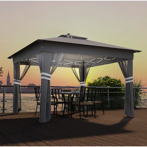 Pavillon de jardin pliant en métal gris avec LED solaires, 4 parois en maille, hauteur réglable et sac de transport (1/4)