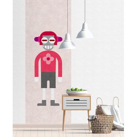 Papier peint panoramique idéal pour chambre d'enfant Tapisserie panoramique rose à motif robot Papier peint panoramique graphique (1/3)