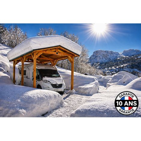 Carport camping car 2 pentes en bois douglas 24 m², 6 poteaux avec pieds de poteaux fixes. Abri voiture extérieur. Garantie 10 ans. (1/5)