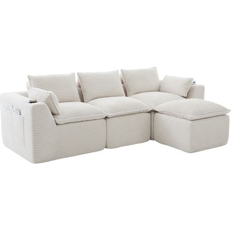 Canapé modulaire 3 places avec pouf, coussins et poches latérales, tissu côtelé beige, assise à ressorts, pour salon, bureau et chambre d'amis CHICFURN (1/5)