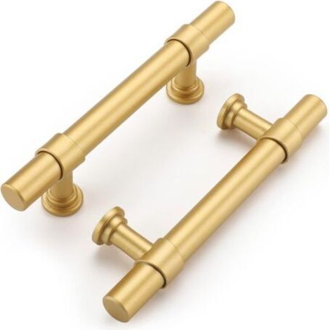 2 poignées dorées pour armoires et tiroirs. Entraxe des trous : 128 mm. Fabriquées en alliage d'aluminium et de zinc. Vis incluses. (1/5)