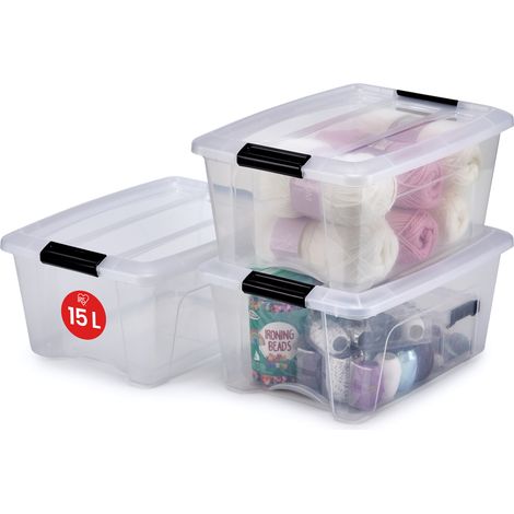 Iris Ohyama Scatole Portaoggetti in con Coperchio, 15L, Lotto di 3, Trasparente, Clip di Bloccaggio, Empilabile, Maniglia, Per Camera, Armadio, Ufficio, Organizzatore, Senza BPA, NTB-15 (1/5)