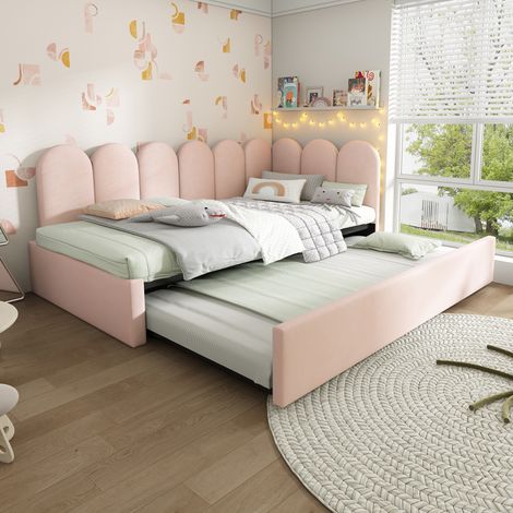 Lit 90x200 gigogne en velours rose HAVRYA (1/5)