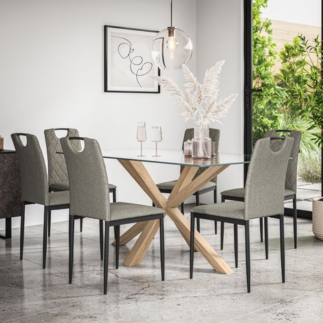 Etta Glass Dining Table And Chairs - Glass Top w Solid Oak Legs + Monza Fabric Dining Chair Set Of 6 (Grey) (1/5)