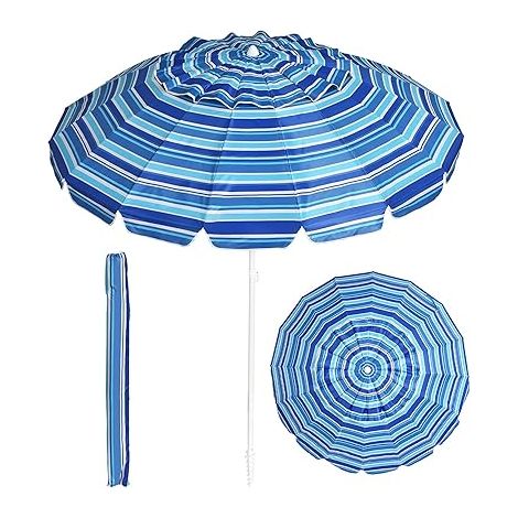 GOPLUS Parasol de Plage D222xH185CM Tête Inclinable avec Auvent/Sac/Bord Rabattu-16 Baleines en Fibre Verre-Pointe en Vrille-Bleu Foncé (1/5)