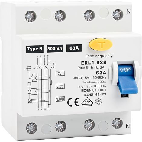 Disjoncteur FI type B 63 A 300 mA 4 pôles, Disjoncteur différentiel RCD Interrupteur sensible au courant alternatif automatique pour bornes de charge, montage sur rail DIN (1/5)