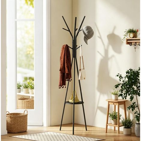 Appendiabiti da terra nero in metallo e MDF con 9 ganci e ripiano (1/5)