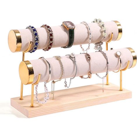 Armbandenhouder - T-Forme - Amovible - Double Niveau - Pied En Bois - Pour Bracelets Montres Et Bijoux - Beige (1/5)