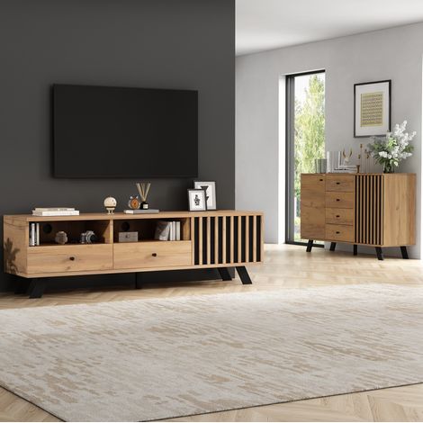 Ensemble meuble TV 150 cm + buffet 120 cm, bois naturel et noir, panneaux de particules, REDOM (1/5)