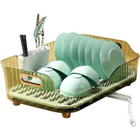 Dish Drying Rack, Dish Drainers for Kitchen Counter, Small Dish Drying Rack with Drainboard and Utensil Holder, Compact Dish Drying Rack Easy to Use (Green, Countertop) (1/5)