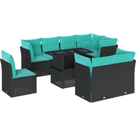 9-teiliges Gartensofa-Set mit Kissen, schwarzes Polyrattan vidaXL (1/5)