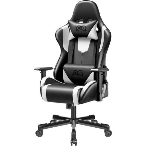 Chaise de bureau gaming Ergonomique, Accoudoirs réglables, Inclinaison à 155°, Roulettes multidirectionnelles, Cuir PU, Noir et Blanc (Charge Max. 150kg)