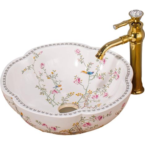 1 ensemble complet vasque moderne en céramique blanche avec robinet doré et bonde - Lavabo à motif floral et oiseau (1/5)