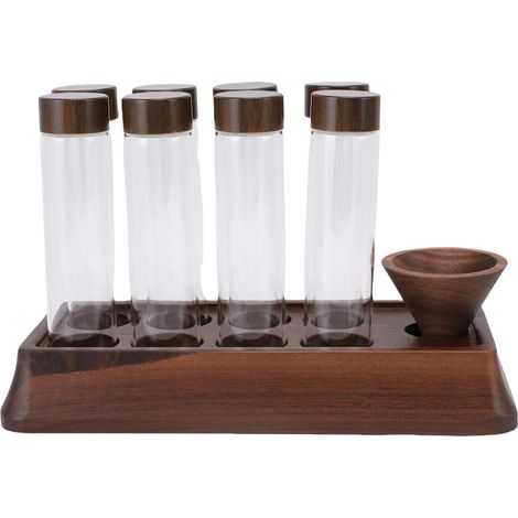 Tubes de Conservation Café avec Support en Bois Noyer, 8 Tubes en Verre Hermétiques pour Dosage Unique, Rangement Élégant (1/5)