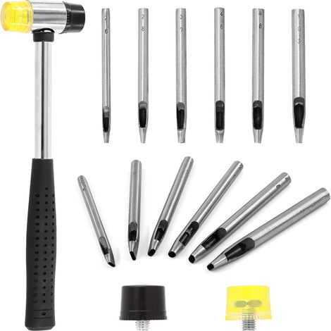 Lot de 9 punch creux en cuir de 6 tailles, 2 à 10 mm en cuir et maillet souple à double face, perforateur creux et marteau en caoutchouc avec tête de rechange (1/5)