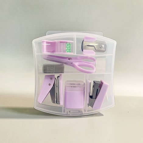 Set de bureau 8-en-1 avec perforateur, agrafeuse, distributeur de ruban adhésif, ciseaux et plus encore, pour étudiants et cadeaux de bureau, ensemble violet (1/5)