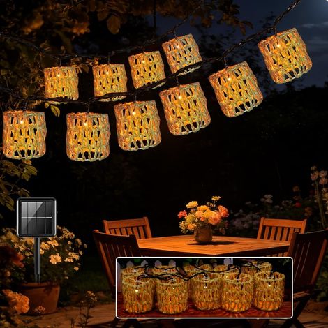 Guirlande Lumineuse Exterieure, Guirlande Solaire Exterieur avec 10 Lanterne en Corde de Papier, Guirlande Exterieur, Chaud Chaîne Lumiere Exterieur pour Terrasse, Mariage, Noël