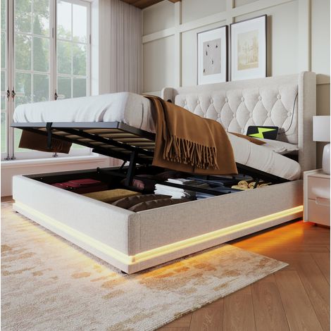 MEUBLIV Lit double capitonné avec rangement hydraulique et ports USB USB Type C éclairage LED trois côtés tissu coton beige 180 x 200 cm tête de lit rembourrée (1/5)