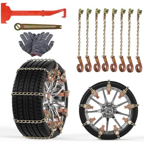 Lot de 8 chaînes à neige d'urgence pour pneus de voiture - 165-285 mm - Pour voiture, camion, SUV, routes enneigées - Avec pelle à neige en plastique et gants (1/5)