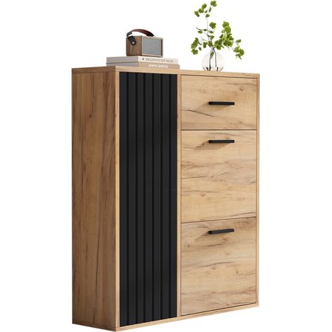 Meuble à chaussures moderne avec étagères réglables, poignées noires, 1 tiroir, 2 compartiments à chaussures à abattant et 1 porte, noir et tons naturels, B80/D24/H95.5cm(B×T×H) (1/5)
