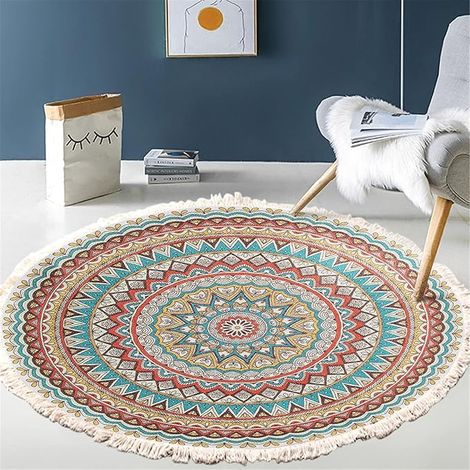Vintage Boho Baumwolle Teppiche Mandala Muster Waschbar Handgewebte Böhmische Runder Teppich mit Quasten für Schlafzimmer Flur Wohnzimmer Couchtisch Fußmatten,90CM Blumen