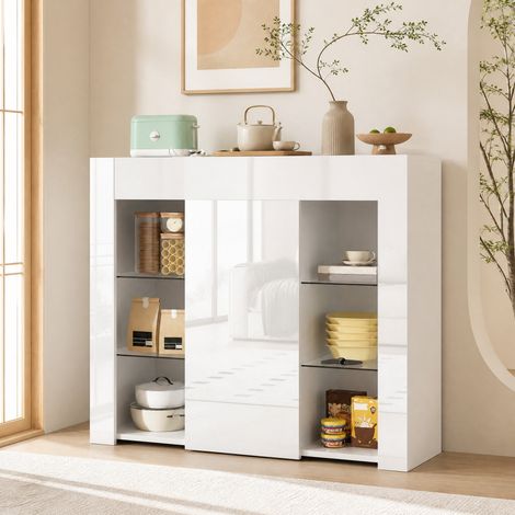Credenza bianca 95 x 35 x 83 cm con porta e ripiani in vetro, frontale parzialmente lucido DESVIAE (1/5)