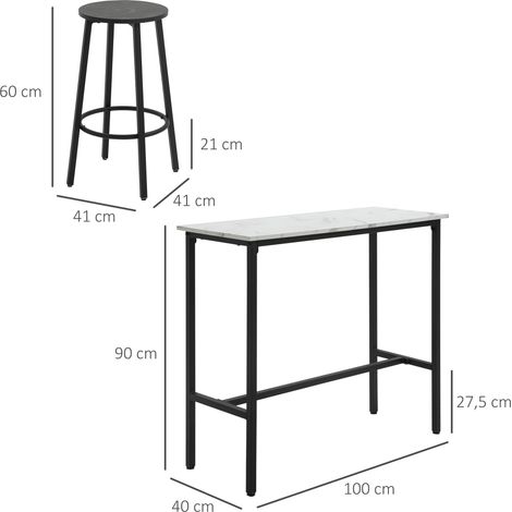 Bar-Set für 2 Personen, 1 Tisch mit 2 Barhockern, Tischplatte in weißer Marmoroptik, Stahlrahmen (1/5)