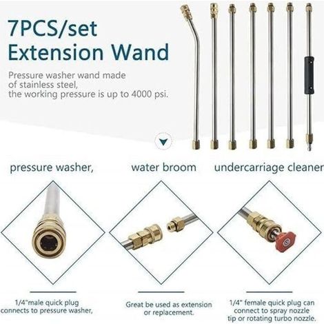 Lot de 7 Ensemble de baguette d'extension pour nettoyeur haute pression, lance pour nettoyeur haute pression, outil de nettoyage de gouttière, avec 5 embouts de buse,10 anneaux anti-fuite (Argent)