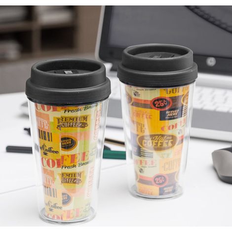 Bicchiere per caffè da asporto - Caffè - Doppia parete - Coperchio avvitabile con foro - Giallo (1/5)