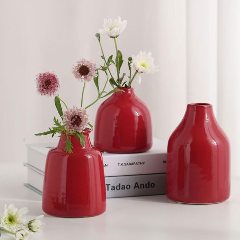 Lot de 3 Petits vases Rouges pour décoration d'intérieur Moderne, vases en céramique pour centres de Table, vases à Fleurs pour Salon, Mariage, Table à Manger, fête – Rouge (1/5)