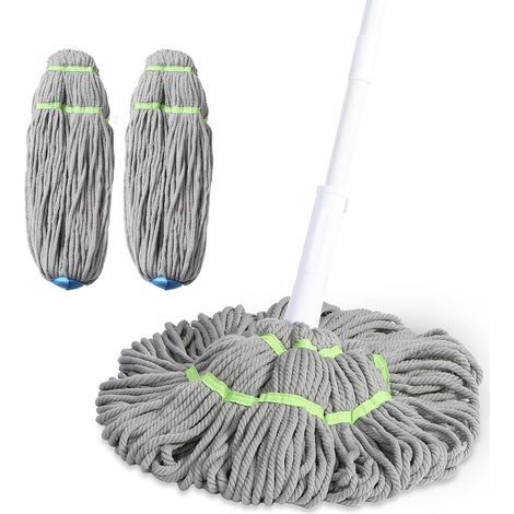 Balai à franges à manche long torsadé avec 2 têtes de rechange lavables en microfibre pour cuisine, parquet, vinyle, carrelage, stratifié (1/5)