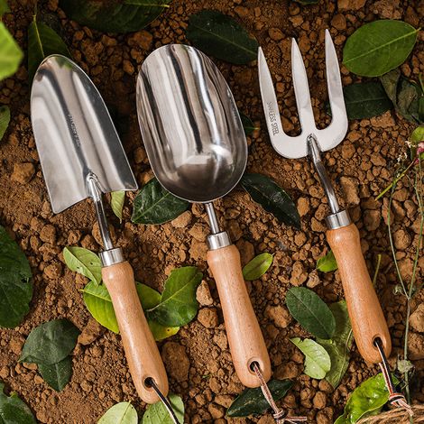 Outils Jardinage, Ensemble d'outils de Jardin 3 Pièces en Acier Inoxydable avec Manche en Bois