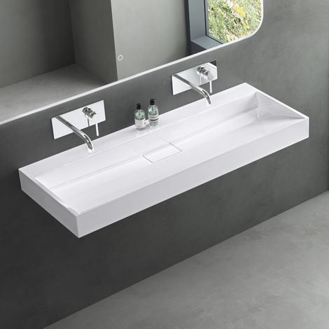 Mai & Mai – Lavabo suspendu blanc 120x46x11cm – Vasque rectangulaire sans trop-plein – Résine de synthèse – Installation facile - Col19-1200