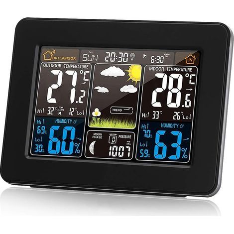 Drahtlose Wetterstation mit Alarmfunktion und Anzeige von Temperatur, Luftfeuchtigkeit, Barometer, Mondphase, Uhr und Wetterdaten, digitalem Außensensor und Farbdisplay PT3365-Fei Yu (1/5)