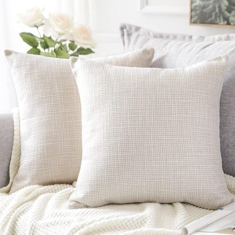 Housse de Coussin, Lot de 2 en Lin Canapé Taie d'oreiller de Couleur Pure pour Maison Salon Chambre Décoration D'intérieur (Beige, 45x45cm) (1/5)