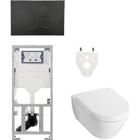 Ensemble de toilettes à chasse directe villeroy and boch avec réservoir de chasse geberit et plaque de commande avec boutons ronds abattant à (1/5)