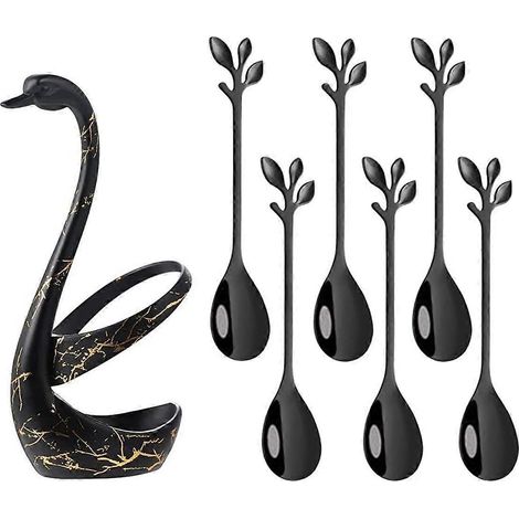 Schwarzer Schwanen-Untergestell mit 6 Teelöffeln (12 cm) und Stiellöffeln (schwarz) (1/5)