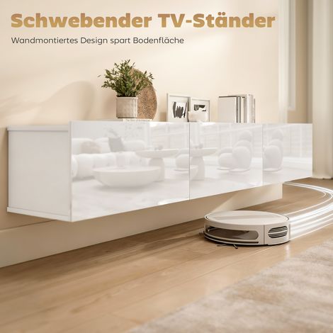 Meuble TV mural blanc 180 cm avec 3 tiroirs, grand espace de rangement, fixation au mur, design suspendu (1/4)