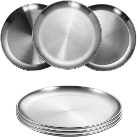 6-teiliges Edelstahl-Tellerset, runde Edelstahlteller Ø 20 cm, BPA-frei, Kuchenplatte, Fleischplatte, Reisteller für Camping, Picknicks, Wandern, Kochen, Partys