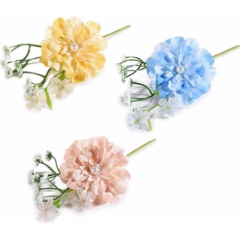 Branches de pivoine pics et décor de paquet en tissu avec perle centrale, lot de 18, H. 10 cm (18 cm avec tige)