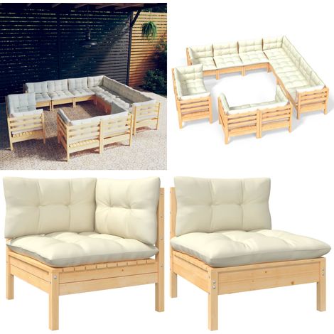 11-tlg. Garten-Lounge-Set mit Creme Kissen Massivholz Kiefer - Gartenzubehör - Lounge Set - Gartenmöbel - Rattan Möbel - Kiefernholzmöbel - Home & Living (1/5)