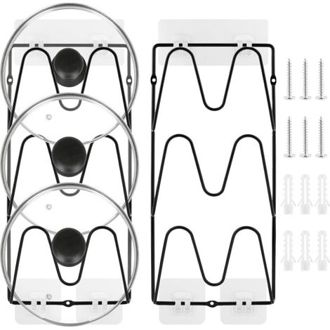 Support pour couvercles de casseroles - Rangement de cuisine - Sans perçage, forte adhérence - 6 couches - Noir - 2 unités